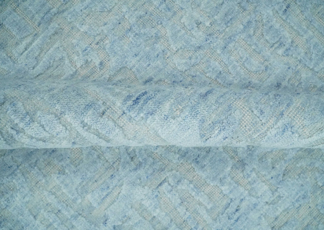 Modern Abstract 8x10 Hand Loomed Silver and Aqua High Low Pile Blended Wool Rug | AE5810 - The Rug Decor