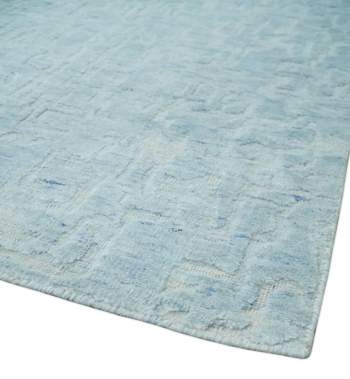 Modern Abstract 8x10 Hand Loomed Silver and Aqua High Low Pile Blended Wool Rug | AE5810 - The Rug Decor