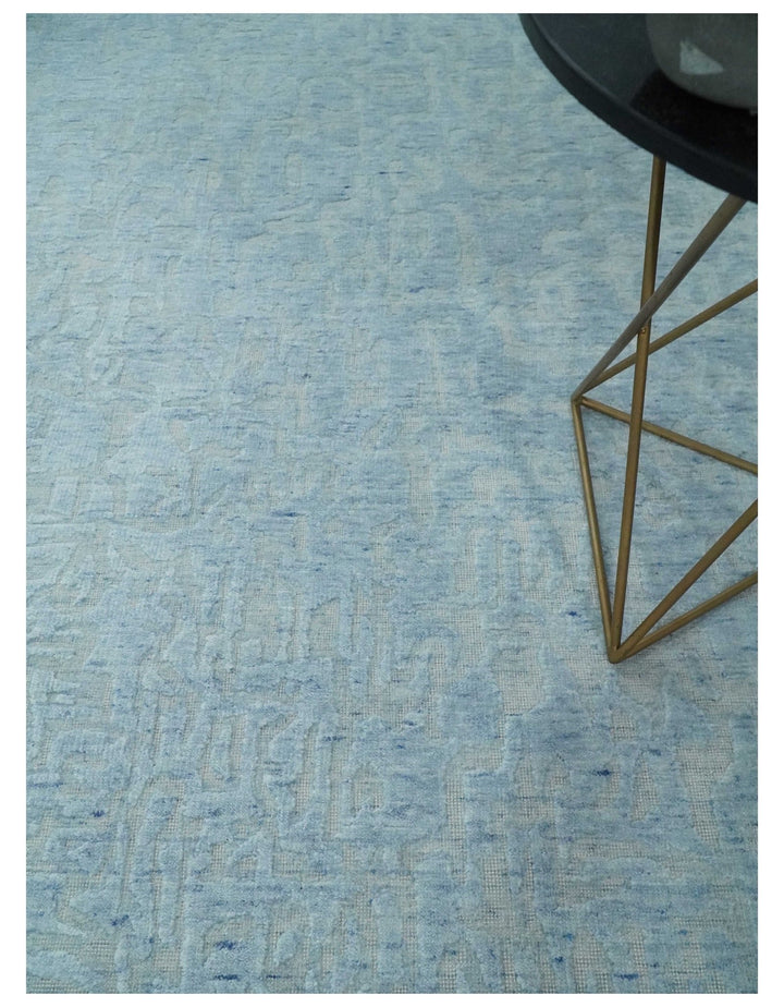 Modern Abstract 8x10 Hand Loomed Silver and Aqua High Low Pile Blended Wool Rug | AE5810 - The Rug Decor