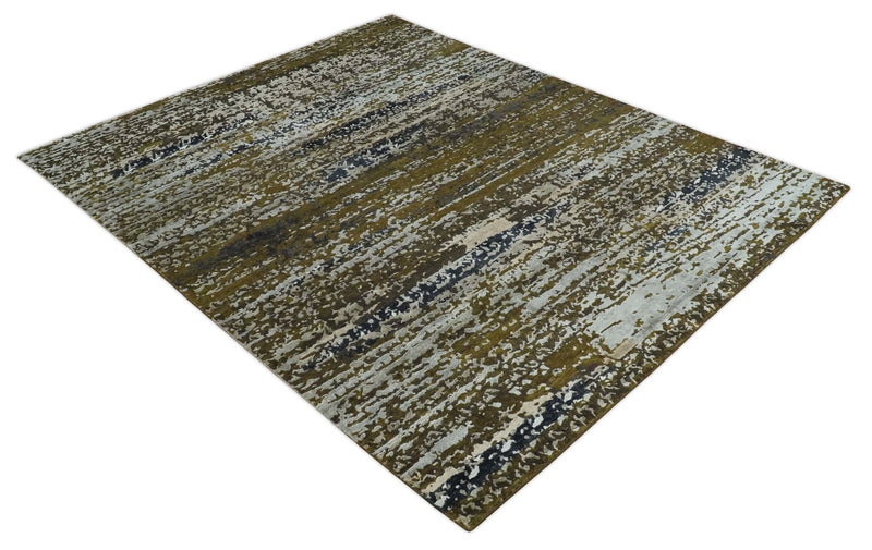 Modern Abstract 8x10 Ivory, Olive and Dark Blue Hand Knotted Bamboo Silk Area Rug | AE28810 - The Rug Decor