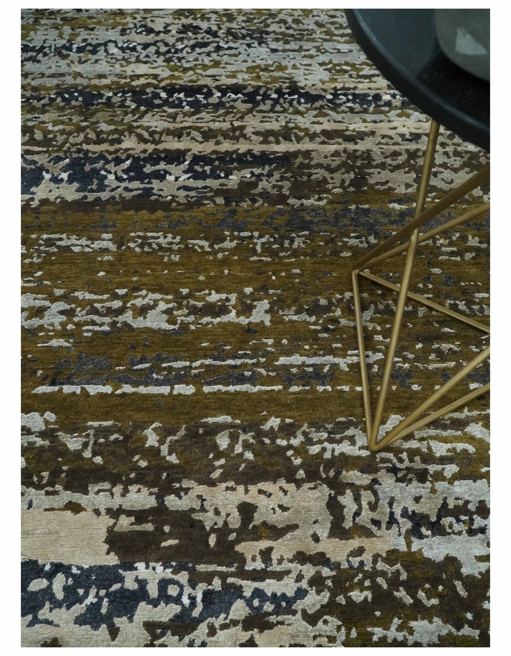 Modern Abstract 8x10 Ivory, Olive and Dark Blue Hand Knotted Bamboo Silk Area Rug | AE28810 - The Rug Decor