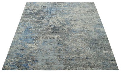 Modern Abstract Beige, Blue and Charcoal Hand knotted 8x10 wool and Bamboo Silk Area Rug - The Rug Decor