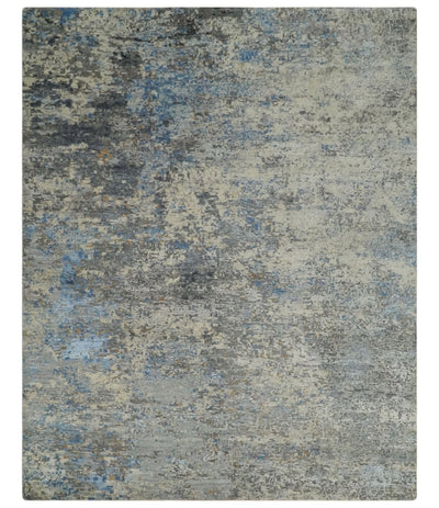 Modern Abstract Beige, Blue and Charcoal Hand knotted 8x10 wool and Bamboo Silk Area Rug - The Rug Decor