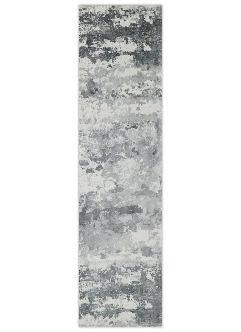 Modern Abstract Blended wool and Art silk Ivory, Silver and Charcoal Multi Size Hand Loomed Area Rug - The Rug Decor
