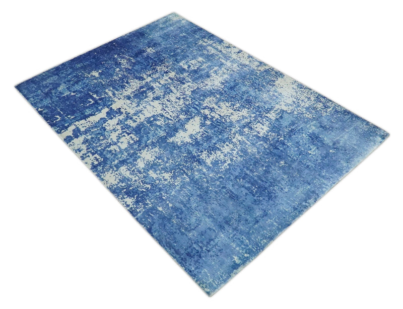 Modern Abstract Blue and Ivory Hand loom 5.6x8 Wool and Viscose Area Rug - The Rug Decor