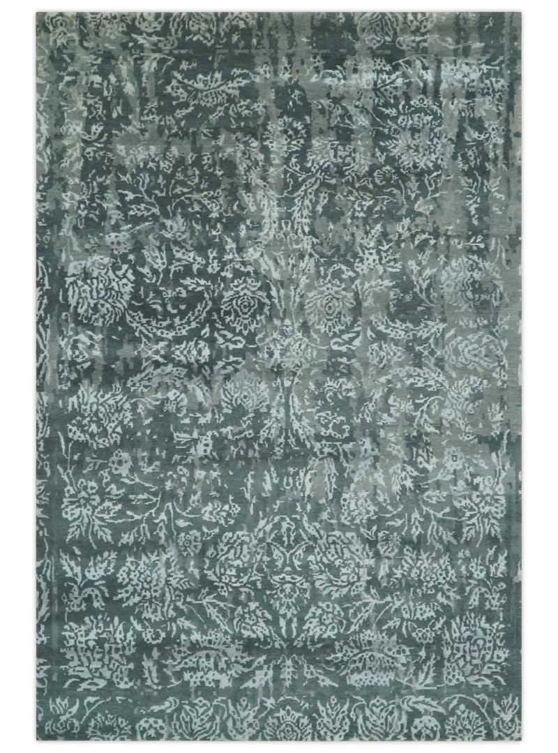 Modern Abstract Charcoal, Grey and Silver Hand Knotted 6x9.4 Floral Wool and Silk Area Rug - The Rug Decor