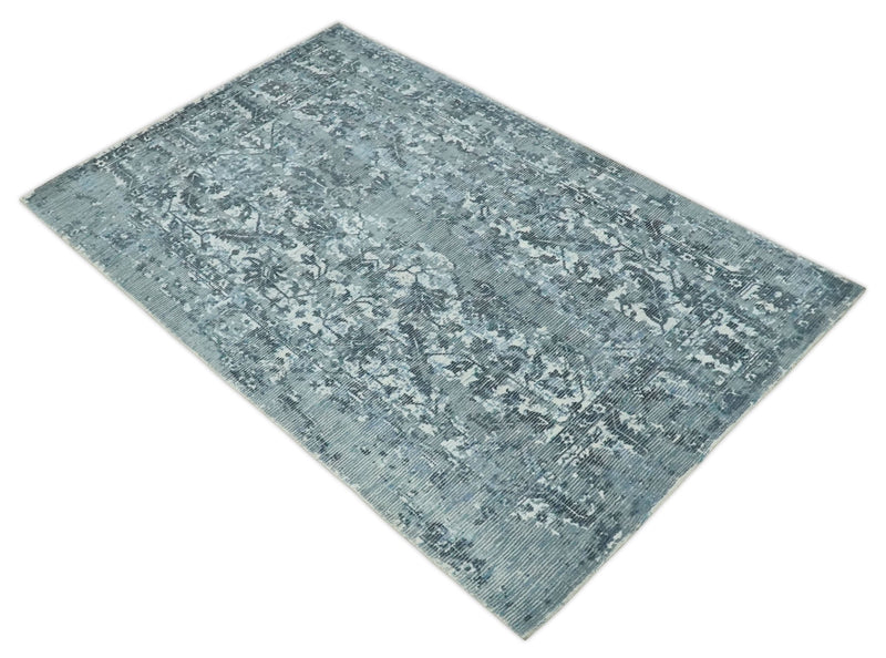 Modern Abstract Gray, Blue, Charcoal and Ivory 5x8 Hand loom wool and Viscose Area Rug - The Rug Decor