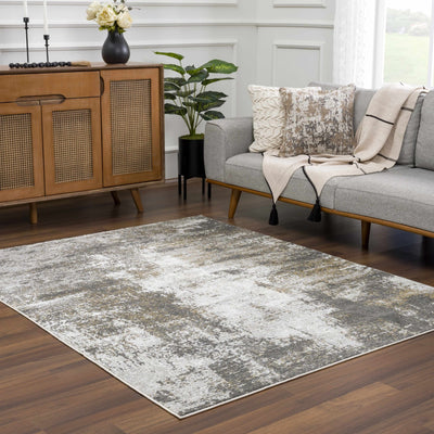 Modern Abstract Gray, Off White and Mustard Medium Pile Washable Area Rug - The Rug Decor