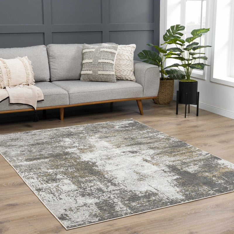 Modern Abstract Gray, Off White and Mustard Medium Pile Washable Area Rug - The Rug Decor