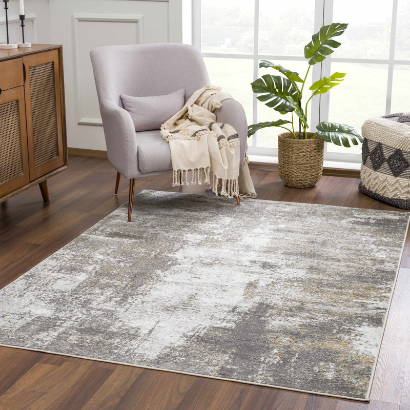 Modern Abstract Gray, Off White and Mustard Medium Pile Washable Area Rug - The Rug Decor