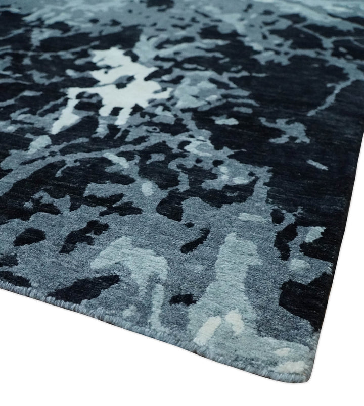 Modern Abstract Hand Knotted 8x10 Ivory, Gray, Charcoal and Black Wool and Blended Silk Area Rug | AE22810 - The Rug Decor