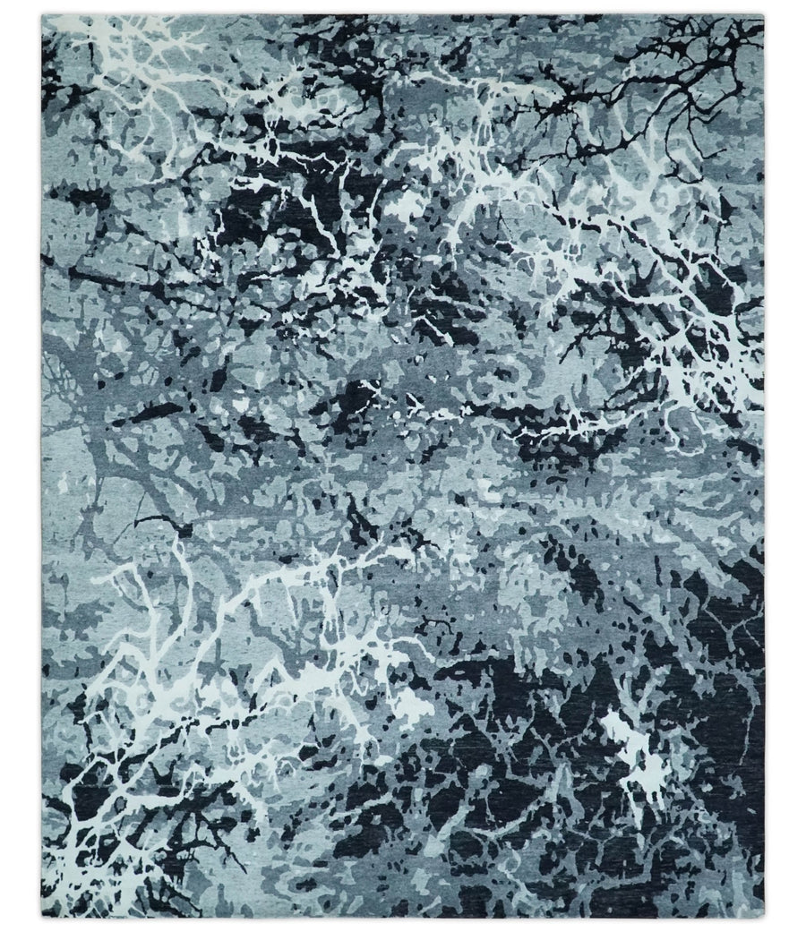 Modern Abstract Hand Knotted 8x10 Ivory, Gray, Charcoal and Black Wool and Blended Silk Area Rug | AE22810 - The Rug Decor