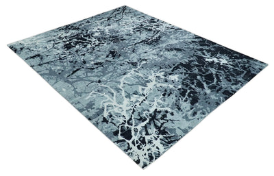 Modern Abstract Hand Knotted 8x10 Ivory, Gray, Charcoal and Black Wool and Blended Silk Area Rug | AE22810 - The Rug Decor