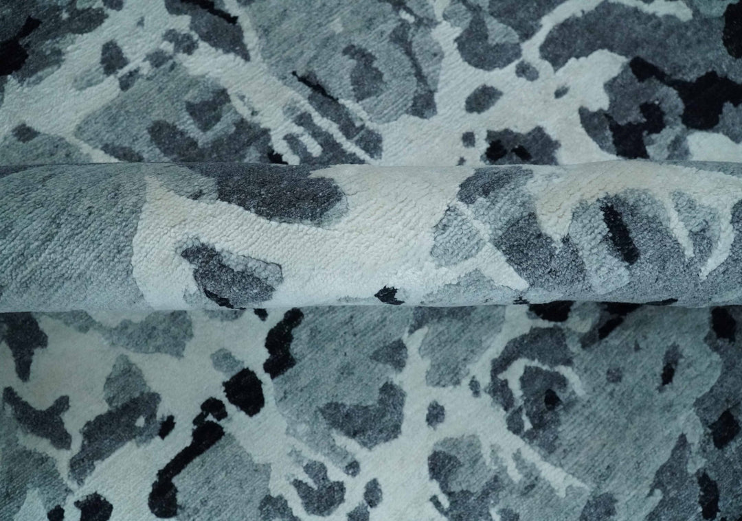 Modern Abstract Hand Knotted 8x10 Ivory, Gray, Charcoal and Black Wool and Blended Silk Area Rug | AE22810 - The Rug Decor