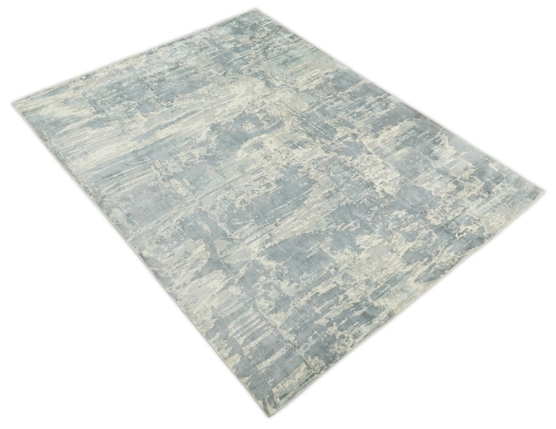 Modern Abstract Handmade 8x10 Beige and Gray Bamboo Silk Area Rug | QT20 - The Rug Decor