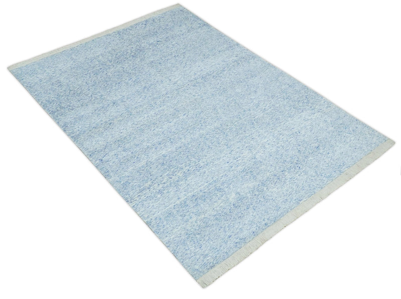 Modern Abstract Ivory and Blue 5.6x8 Hand Knotted Bamboo Silk Area Rug - The Rug Decor