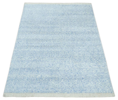 Modern Abstract Ivory and Blue 5.6x8 Hand Knotted Bamboo Silk Area Rug - The Rug Decor