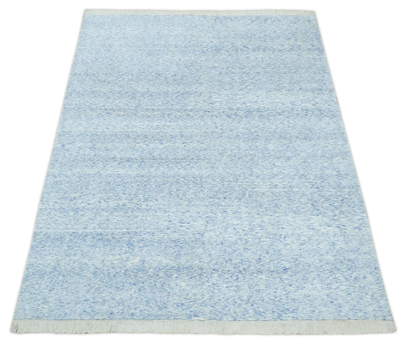 Modern Abstract Ivory and Blue 5.6x8 Hand Knotted Bamboo Silk Area Rug - The Rug Decor