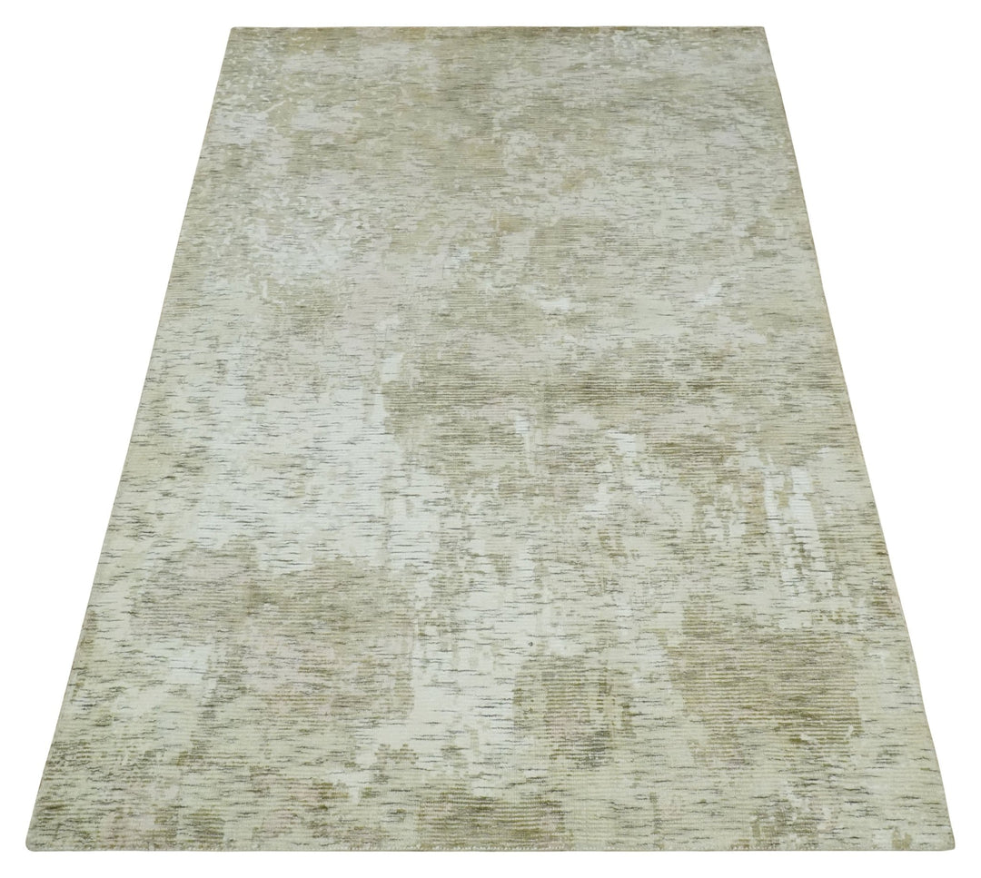 Modern Abstract Ivory, Green and Charcoal 5x8 Hand loom Wool and Viscose Area Rug - The Rug Decor