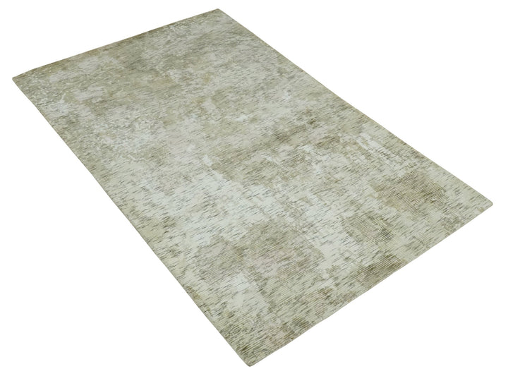 Modern Abstract Ivory, Green and Charcoal 5x8 Hand loom Wool and Viscose Area Rug - The Rug Decor