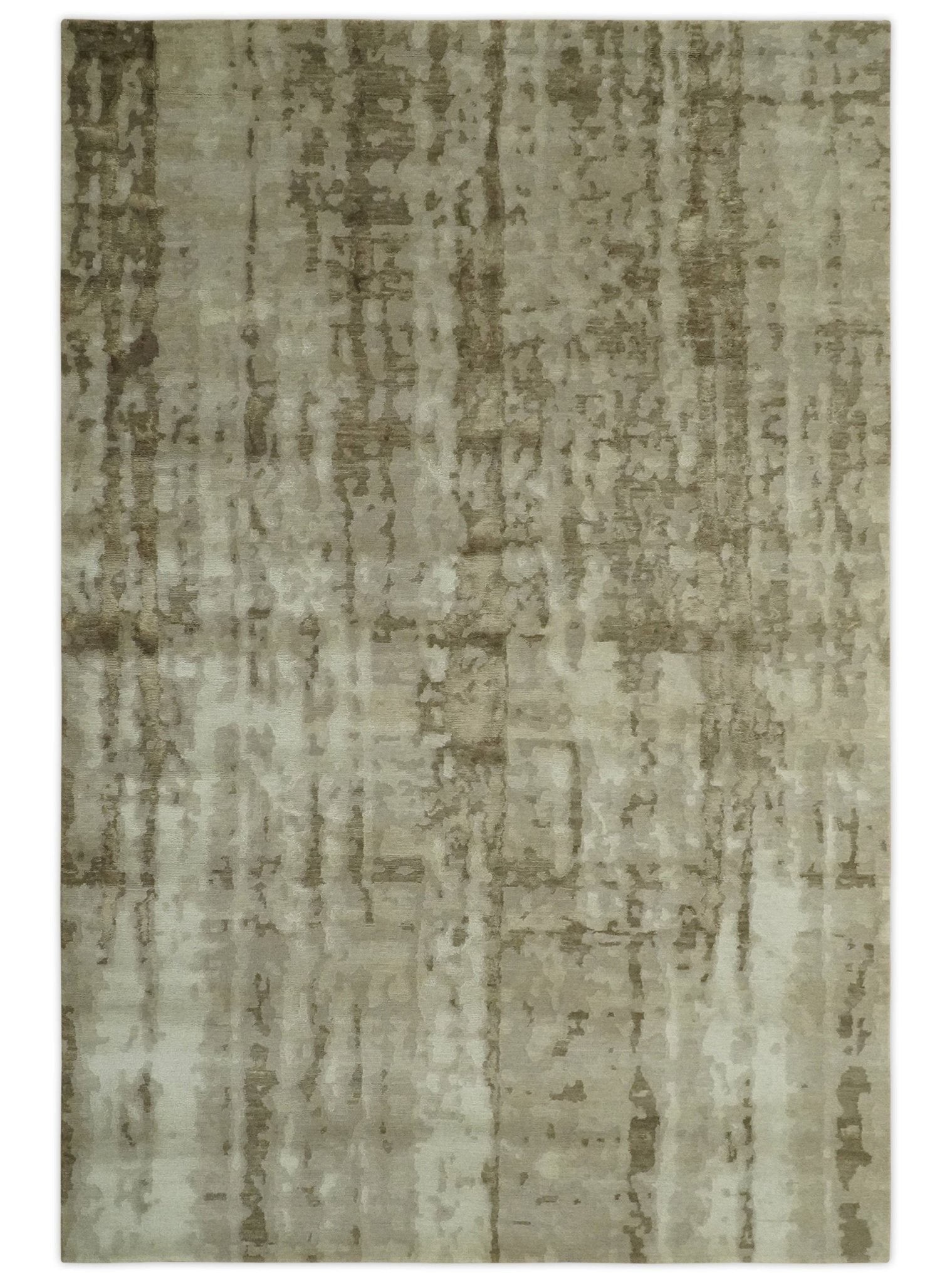 Abstract Ivory, Olive and Beige Hand Knotted wool and art silk Rug ...