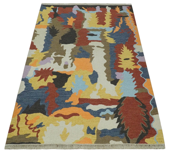 Modern Abstract Look Multi Color 5x8 Hand Woven Soumak Dhurrie Wool Area Rug - The Rug Decor