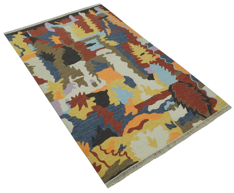 Modern Abstract Look Multi Color 5x8 Hand Woven Soumak Dhurrie Wool Area Rug - The Rug Decor