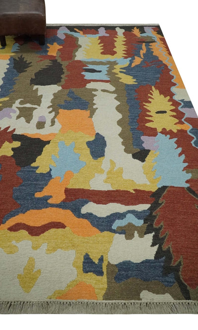 Modern Abstract Look Multi Color 5x8 Hand Woven Soumak Dhurrie Wool Area Rug - The Rug Decor