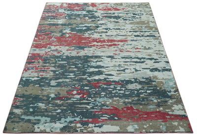 Modern Abstract Red, Ivory and Blue 8x10 Hand Knotted Low Pile Wool Rug | AC18810 - The Rug Decor
