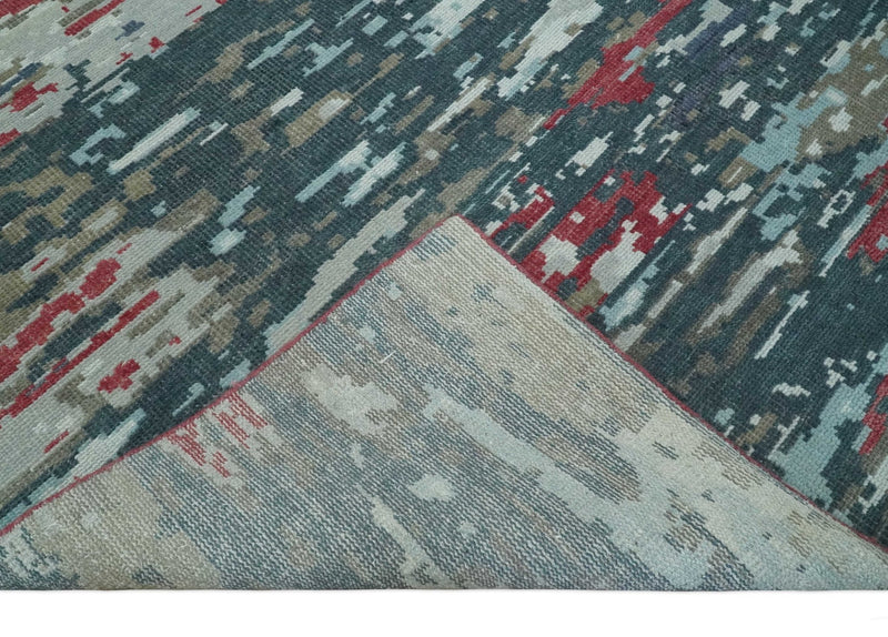 Modern Abstract Red, Ivory and Blue 8x10 Hand Knotted Low Pile Wool Rug | AC18810 - The Rug Decor