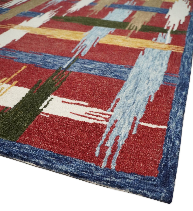 Modern Abstract Red with multicolor Stripes Wool Area Rug - The Rug Decor