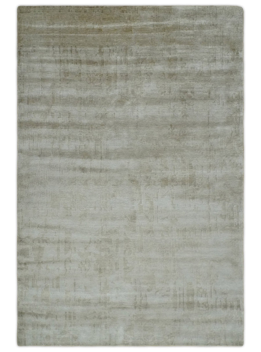 Modern Abstract Silver and Olive Hand knotted 6x9 Bamboo Silk Area Rug - The Rug Decor