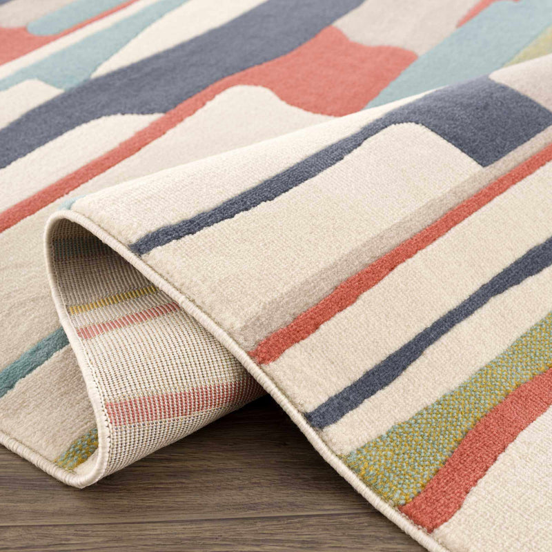 Modern Abstract Stripes Beige, Navy and Red Medium Pile Area Rug, Kids Rug - The Rug Decor