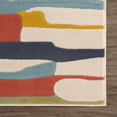 Modern Abstract Stripes Beige, Navy and Red Medium Pile Area Rug, Kids Rug - The Rug Decor