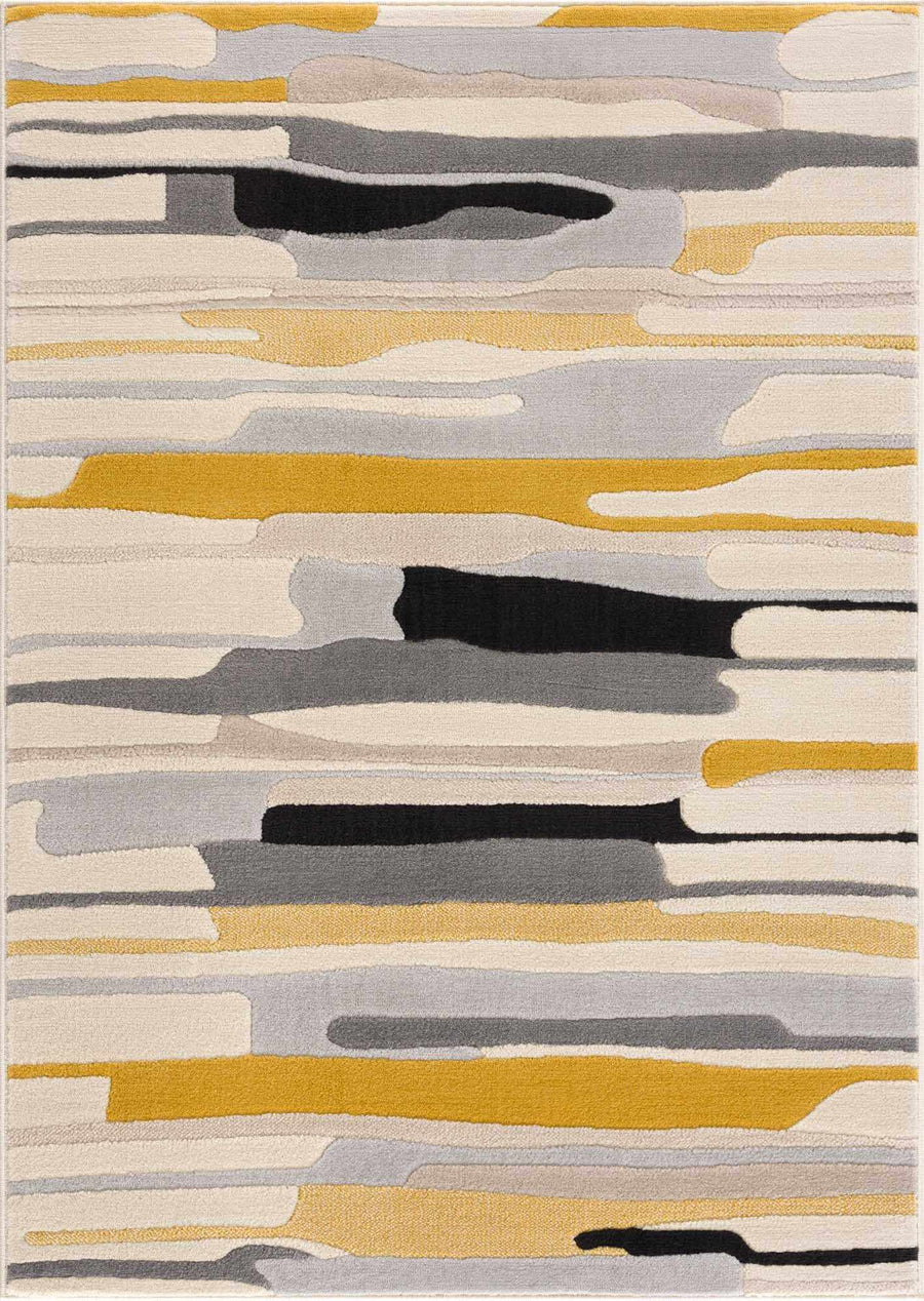 Modern Abstract Stripes Mustard, Black, Light Gray ,Taupe, Charcoal and Peach Area Rug - The Rug Decor