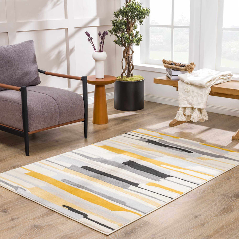 Modern Abstract Stripes Mustard, Black, Light Gray ,Taupe, Charcoal and Peach Area Rug - The Rug Decor