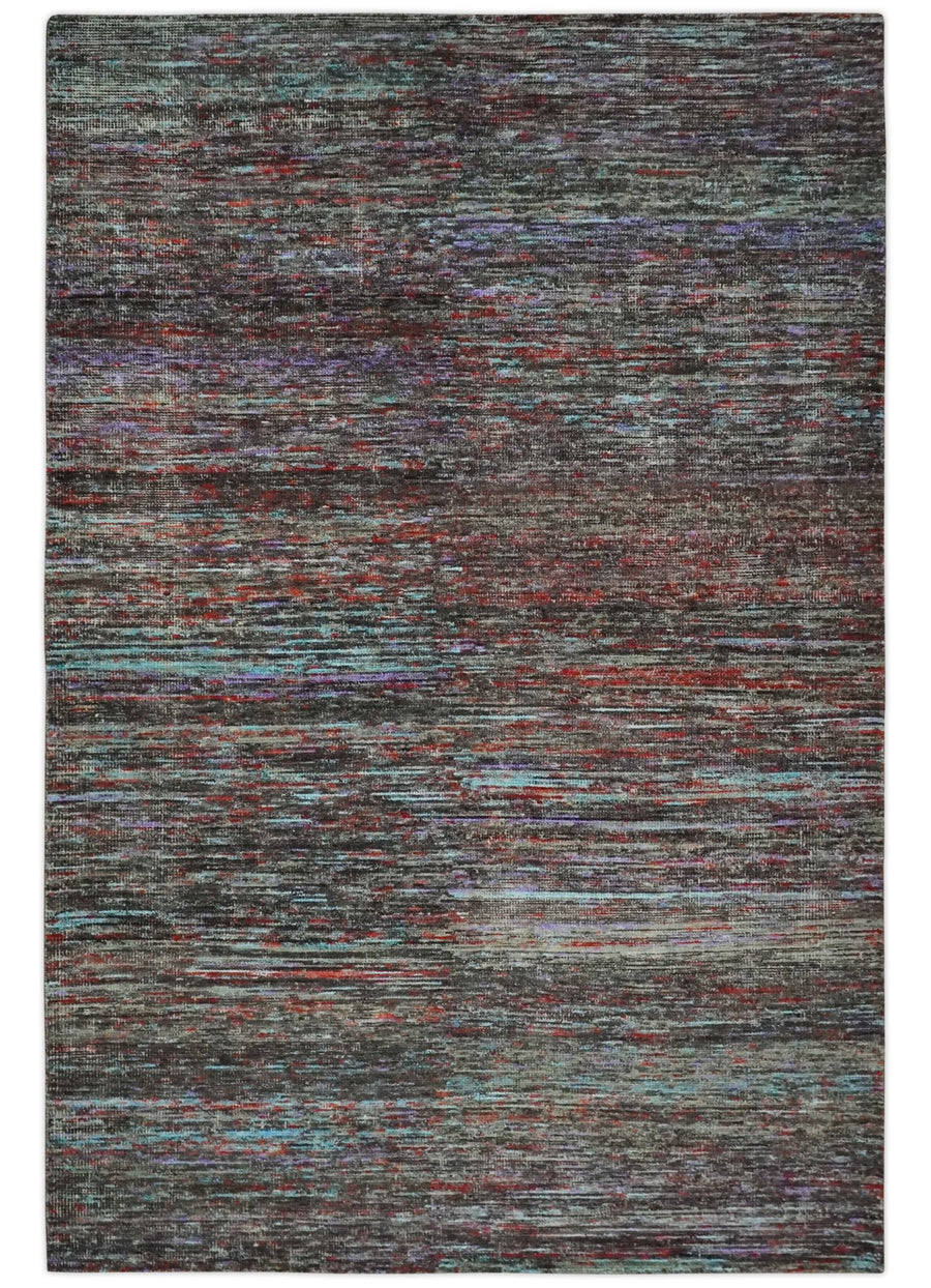 Modern Abstract Vibrant Colorful Maroon, Violet, Blue and Charcoal Hand knotted Flat Woven 8x11.6 wool Area Rug - The Rug Decor
