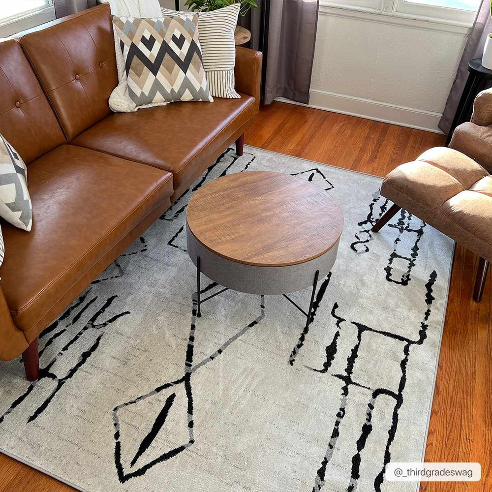 Modern Art Design Machine Woven Ivory and Black Machine Washable Rug - The Rug Decor
