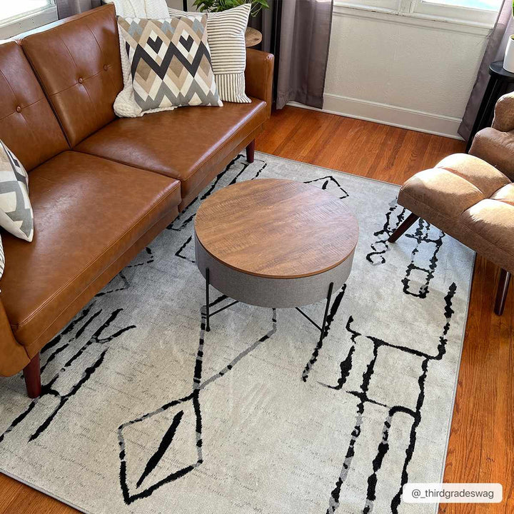 Modern Art Design Machine Woven Ivory and Black Machine Washable Rug - The Rug Decor