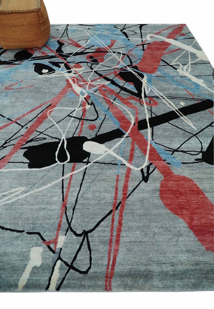 Modern Artistic Rug 8x10 Silver, Blue, Rust and Black Abstract Hand Knotted Bamboo Silk Area Rug | AE29810 - The Rug Decor