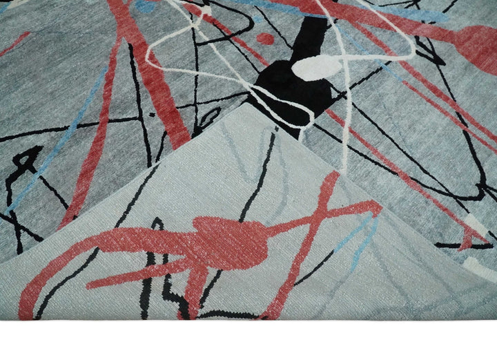 Modern Artistic Rug 8x10 Silver, Blue, Rust and Black Abstract Hand Knotted Bamboo Silk Area Rug | AE29810 - The Rug Decor