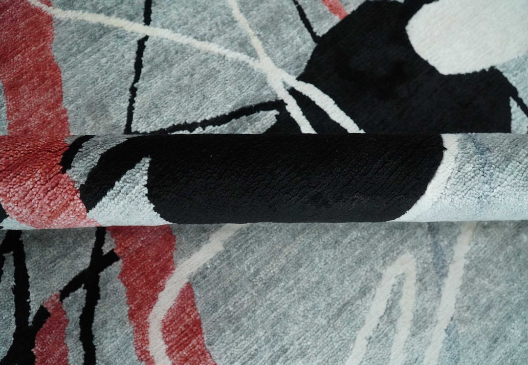 Modern Artistic Rug 8x10 Silver, Blue, Rust and Black Abstract Hand Knotted Bamboo Silk Area Rug | AE29810 - The Rug Decor