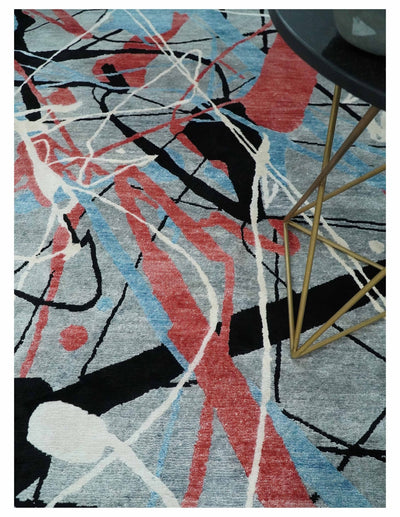 Modern Artistic Rug 8x10 Silver, Blue, Rust and Black Abstract Hand Knotted Bamboo Silk Area Rug | AE29810 - The Rug Decor