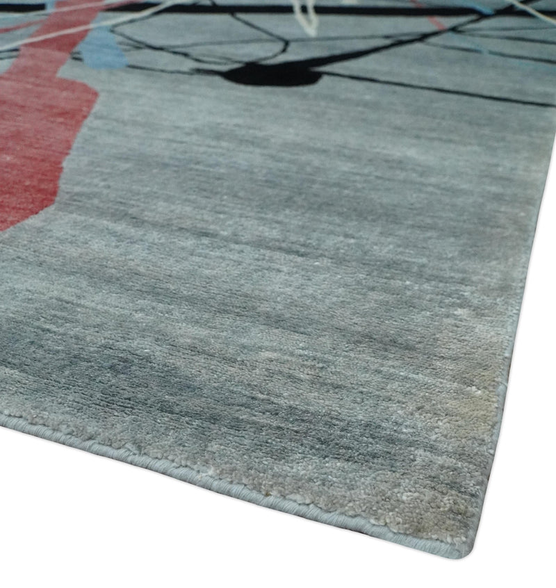 Modern Artistic Rug 8x10 Silver, Blue, Rust and Black Abstract Hand Knotted Bamboo Silk Area Rug | AE29810 - The Rug Decor