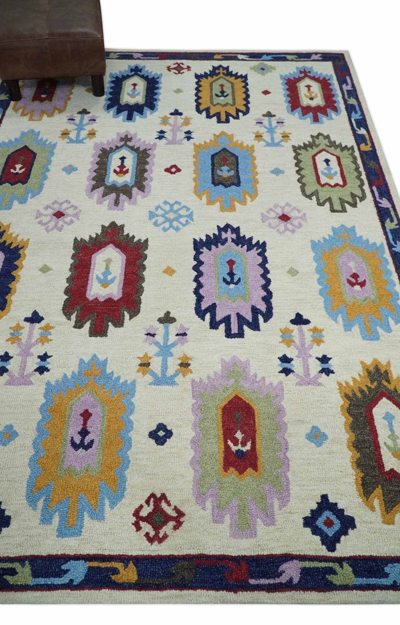 Modern Beige Colorful Motifs Style Hand Hooked Wool Area Rug - The Rug Decor