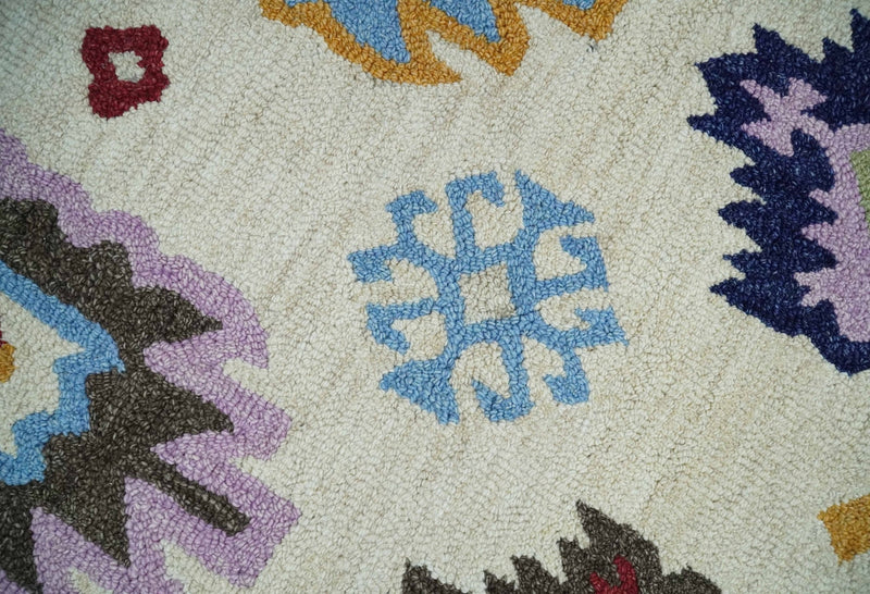 Modern Beige Colorful Motifs Style Hand Hooked Wool Area Rug - The Rug Decor