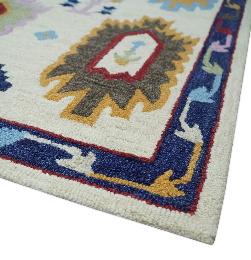 Modern Beige Colorful Motifs Style Hand Hooked Wool Area Rug - The Rug Decor
