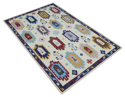 Modern Beige Colorful Motifs Style Hand Hooked Wool Area Rug - The Rug Decor