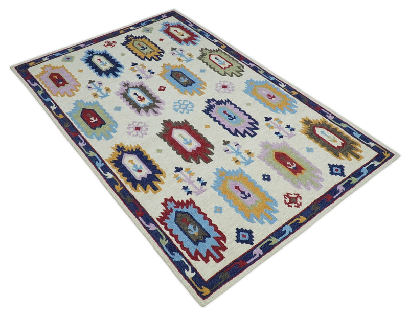 Modern Beige Colorful Motifs Style Hand Hooked Wool Area Rug - The Rug Decor
