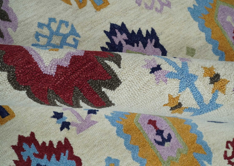 Modern Beige Colorful Motifs Style Hand Hooked Wool Area Rug - The Rug Decor